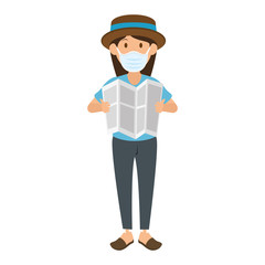 woman using face mask with hat and paper vector illustration design