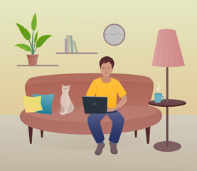 Fototapeta premium Boy works at a laptop sitting at home on the sofa.A cat sits next to the boy. Cartoon colorful vector illustration in flat style.