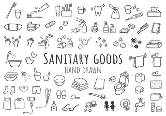 洗面グッズ・衛生用品の手描きアイコンセット