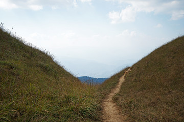 Natural landscape of grassy pathway to the mountain peak with cloudy blue sky