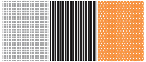 Seamless Vector Patterns with White Grid, Diamonds and Stripes Isolated on a Light Gray, Black and Orange Background.Simple Geometric Repeatable Design. Simple Checkered Print.Black-White Striped Art.