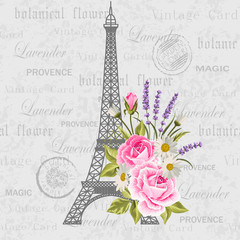 Vintage postcard with Eiffel Tower and flowers.