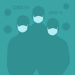 Silhouette people wearing medical masks. Protect yourself from virus infection. Covid 19 virus protection and epidemic prevention vector illustration.