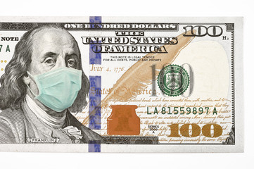 close up of 100 dollar money bill with face mask for background