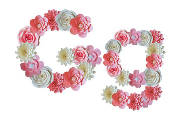Alphabet of paper flowers. Letters on a white background. Pink and white flowers.