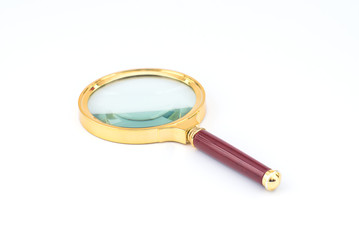 Maroon handle and golden rim Magnifying glass on a white background