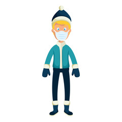 young man wearing winter clothes using face mask vector illustration design