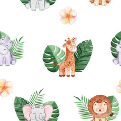 watercolor safari animals and green tropical palm leaves and flowers  seamless pattern on white background for fabric,textile,branding,invitations,scrapbooking,wrapping