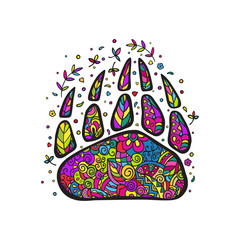 Paw of an animal. Decorative vector illustration isolated on white background. Colorful doodling.