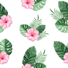 Glasschilderij Tropische planten aquarel roze hibiscus en tropische bladeren naadloze patroon op witte achtergrond voor stof, textiel, branding, uitnodigingen, scrapbooking, verpakking