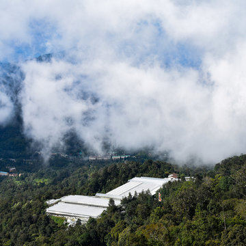 Genting Highlands Is A Popular Tourist Attraction In Kuala Lumpur, Malaysia. An Ariel View Of Genting Highlands From The Cable Car. Cloudy, Moody Green Look Of Genting Highlands, Malaysia