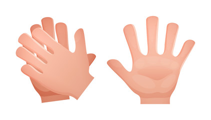 Smiley sign with hands. Gesture, stop hands signs, stop signal. Hand raised up, symbol of greeting, success, gratitude. Emoji hand sign. Vector illustration.