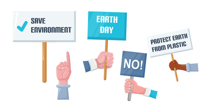 Save environment in earth day placard. Protests people with programs posters: protect earth from plastic, environmental pollution, conservation of rare animals, healthy lifestyles vector