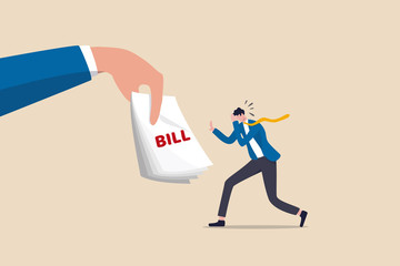 Debt crisis, broke or financial problem from Coronavirus COVID-19 pandemic economic recession concept, depressed frustrated jobless business man worried for loan, mortgage and financial bills.