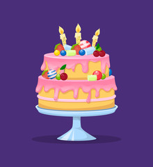 Holiday cartoon cake. Colorful delicious desserts, birthday cake with candles and glaze. Decorative cake for holiday celebration. Sweet baked pie, fruit dessert for gourmet. Vector illustration.