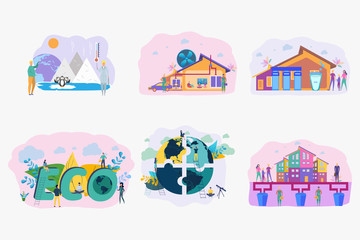 Set of 6 environmental protection illustration. Save the planet. Ocean pollution, global warming, forest fires, floods, deforestation, carbon monoxide air pollution. Ecology.