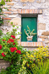 Alte Hausmauer mit Fenster und blühenden Blumengarten als Hintergrund
