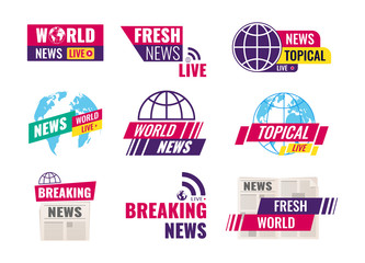 TV title news bar logos. Set of journalism conceptual logo, emblems, icons, labels. World breaking topical fresh news, television, radio channels. Television channel broadcasting service vector