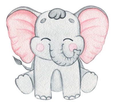 watercolor grey elephant baby sitting isolated on white background for nursery,baby shower,fabric,print