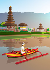 Ulun danu temple with balinese man ride traditional boat at bali Indonesia poster