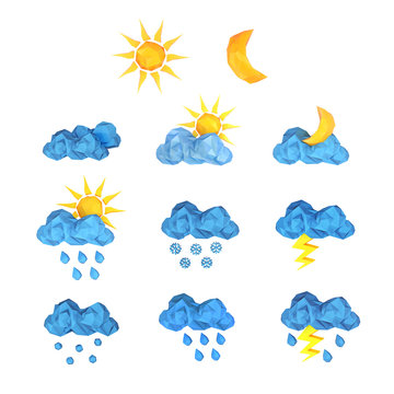 Set of low poly icons of weather, sunny weather, cloudy, rain, snow and lightning on a white background. 3d render.