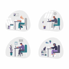 Freelance and business men and women working from home - home office concept illustration. Men and women are tired, bored and fall asleep at desk with laptop.