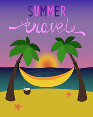 Summer travel. Yellow hammock by the sea. Coconut palms, starfish on the beach. Evening landscape. Rest, travel and vacation. Design for postcards, advertising, travel banner.