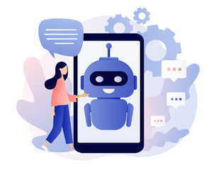 Chatbot concept. AI robot assistant, online customer support. Tiny girl chatting with chatbot application. Modern flat cartoon style. Vector illustration on white background