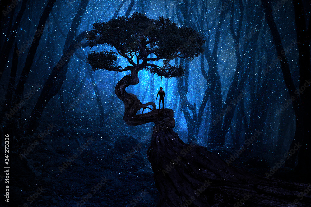 Wall mural man under a tree in front of the magic forest