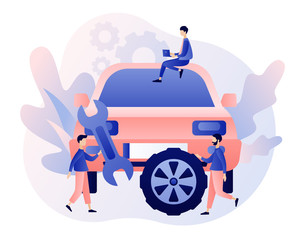 Auto service concept. Car service and repair. Tiny Repairman, Mechanics characters in uniform with tools and tire. Modern flat cartoon style. Vector illustration on white background