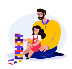 Happy Smiling Family Playing Board Game.Young Adult Parent. Dad Man,Father Communicating with Baby Child Kid Daughter.Girl,Children and Caring Papa.Relatives Have Fun Together.Flat Vector Illustration