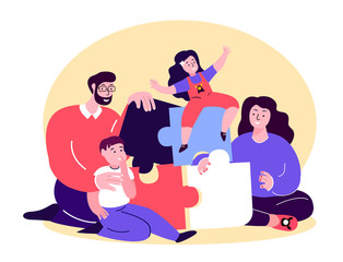 Happy Smiling Family Playing Board Game.Young Adult Parents Collecting Puzzle.Mother,Father,Husband, Wife,Child Kid Daughter, Son.Girl,Boy Relatives Children Have Fun Together.Flat Vector Illustration