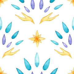 Seamless pattern with watercolor hands, flowers and petal. Hand drawn illustration is isolated on white. Yoga template is perfect for spiritual practice design, meditation wallpaper, fabric textile