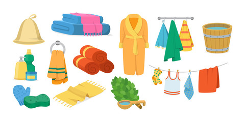 Bath accessories cartoon set. Bath towels, hygiene products, colorful towels in stack rolled, clothes dryer, hanging accessories, soap dishes, brooms for bath room, water barrel vector illustration