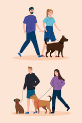 scenes of couple walking with dogs vector illustration design
