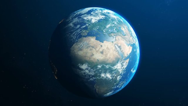 Earth rotates in dark blue space. Night planet and bright city lights. 3D animation with detailed satellite map, some elements of furnished NASA. 4k looped animation