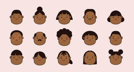 Brown skin, black hair. Abstract avatars. Stylish Haircuts. Minimalistic Icons. Outline trendy Vector illustration. Cartoon Asian style. Simple cute design. All elements are isolated