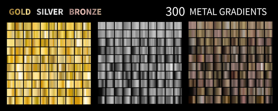Gold, silver, bronze gradients. Collection of colorful gradient illustrations for backgrounds