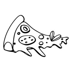 Fototapeta premium Sliced piece with pepper, olive, pepperoni outline digital doodle art. Print for cards, banners, posters, menus, restaurants, cuisine, fabrics, stickers, children's and adult coloring.