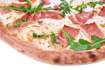 Pizza with bacon and rucola isolated on white background