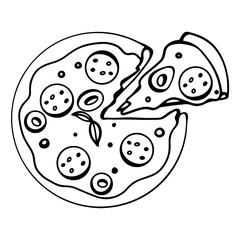 Pizza with a sliced slice with pepper, olive, pepperoni outline digital doodle art. Print for cards, banners, posters, menus, restaurants, cuisine, fabrics, stickers, children's and adult coloring.