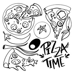 Seth pizza, slice and round, tomato, pepper, olive, onion outline doodle digital art. Print for cards, banners, posters, menus, restaurants, cuisine, fabrics, stickers, children's and adult coloring.