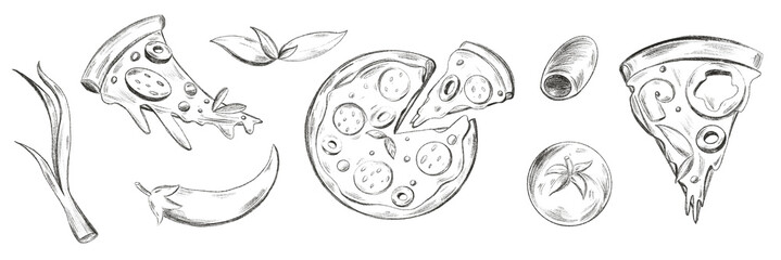 Seth piece and round pizza, tomato, olives, pepper, sketch with a simple digital art pencil. Print for cards, banners, posters, menus, restaurants, cuisine, fabrics, stickers