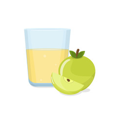 Glass of apple juice and green apple with a slice. Natural fresh squeezed juice. Healthy diet. Vector illustration.