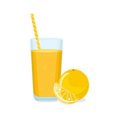 Tall glass of orange juice with tube and orange with a slice. Natural fresh squeezed juice. Healthy diet. Vector illustration.