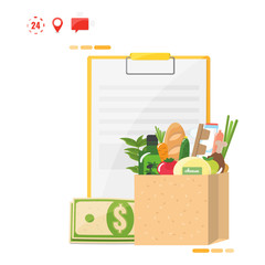 Food delivery concept. Order sheet, money, package with products. Vector illustration.