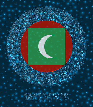 Round Maldives badge. Flag of Maldives in glowing network mesh style. Country network logo. Awesome vector illustration.