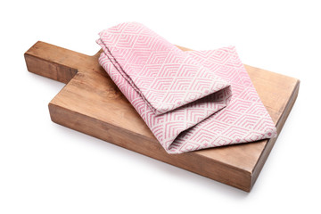 Clean napkin with cutting board on white background