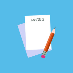 Notebook with pencil. Vector illustration. sheets of Paper with notes text and pencil on blue background