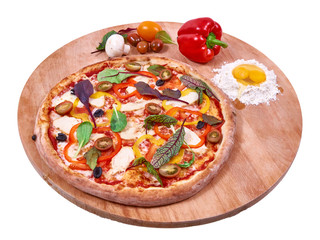 Pizza on wood with vegetables. Prepared, delivery